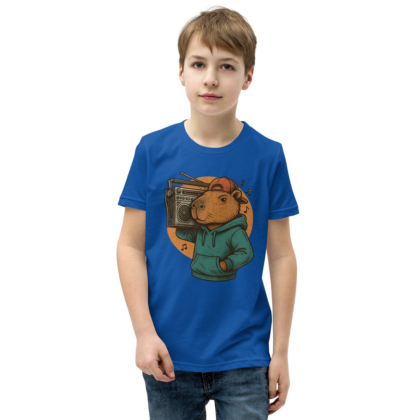 Cartoon Male Capybara with Boombox on Shoulder Teen T-Shirt front view, soft cotton youth tee