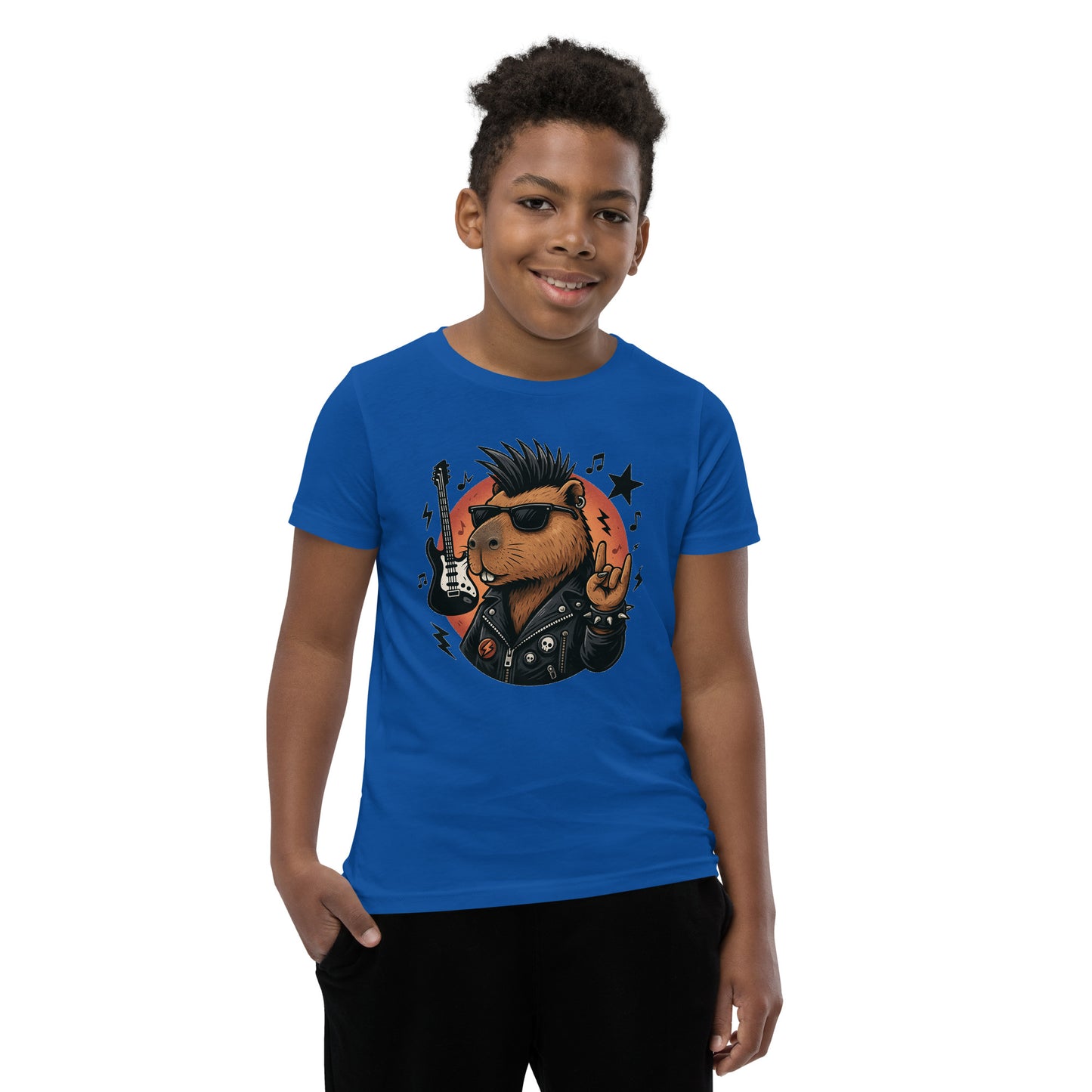 Cartoon Capybara in Rock and Roll Fashion with Guitar and Horns Teen T-Shirt front view, soft cotton youth tee