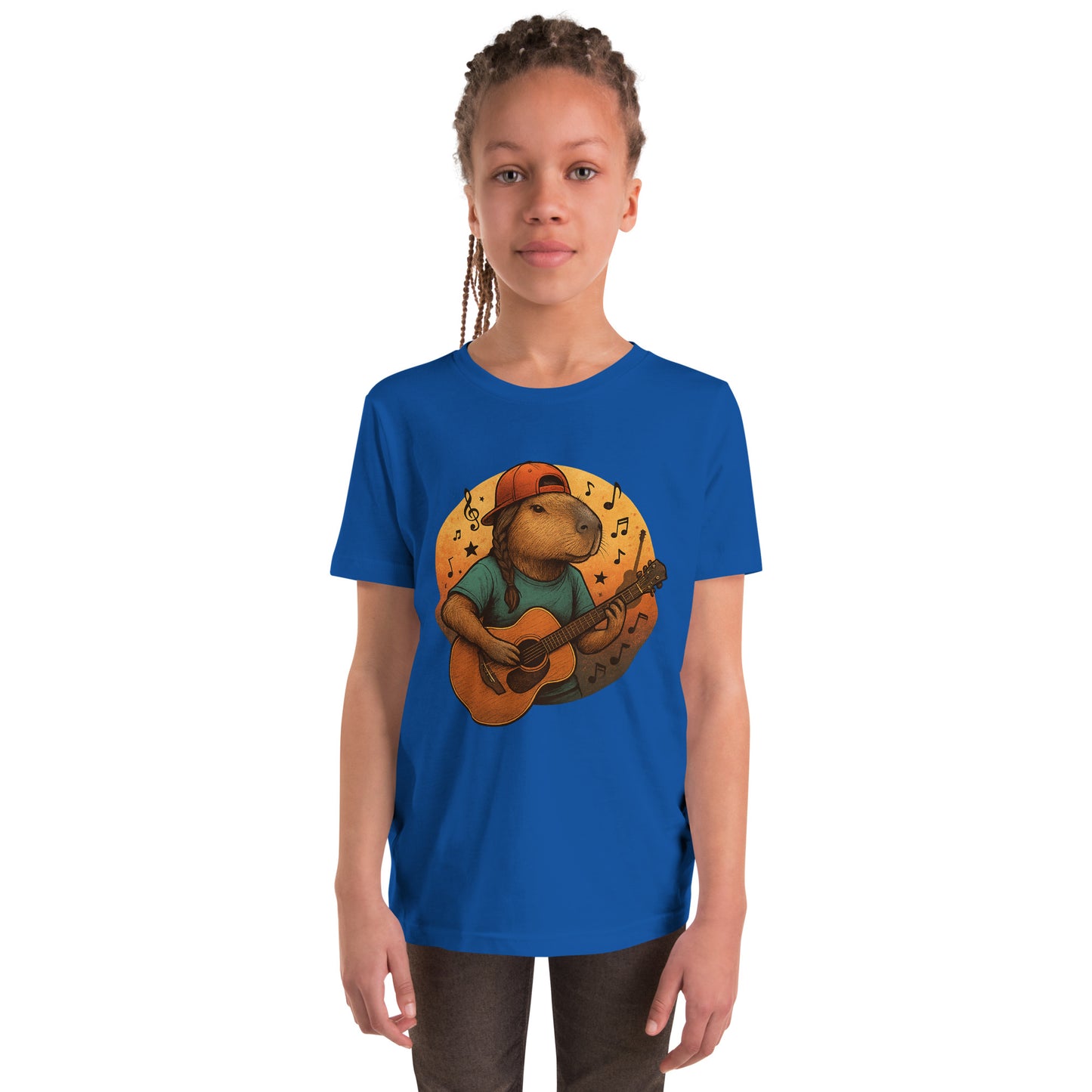 Cartoon Female Capybara playing Guitar with Ponytail Teen T-Shirt front view, soft cotton youth tee
