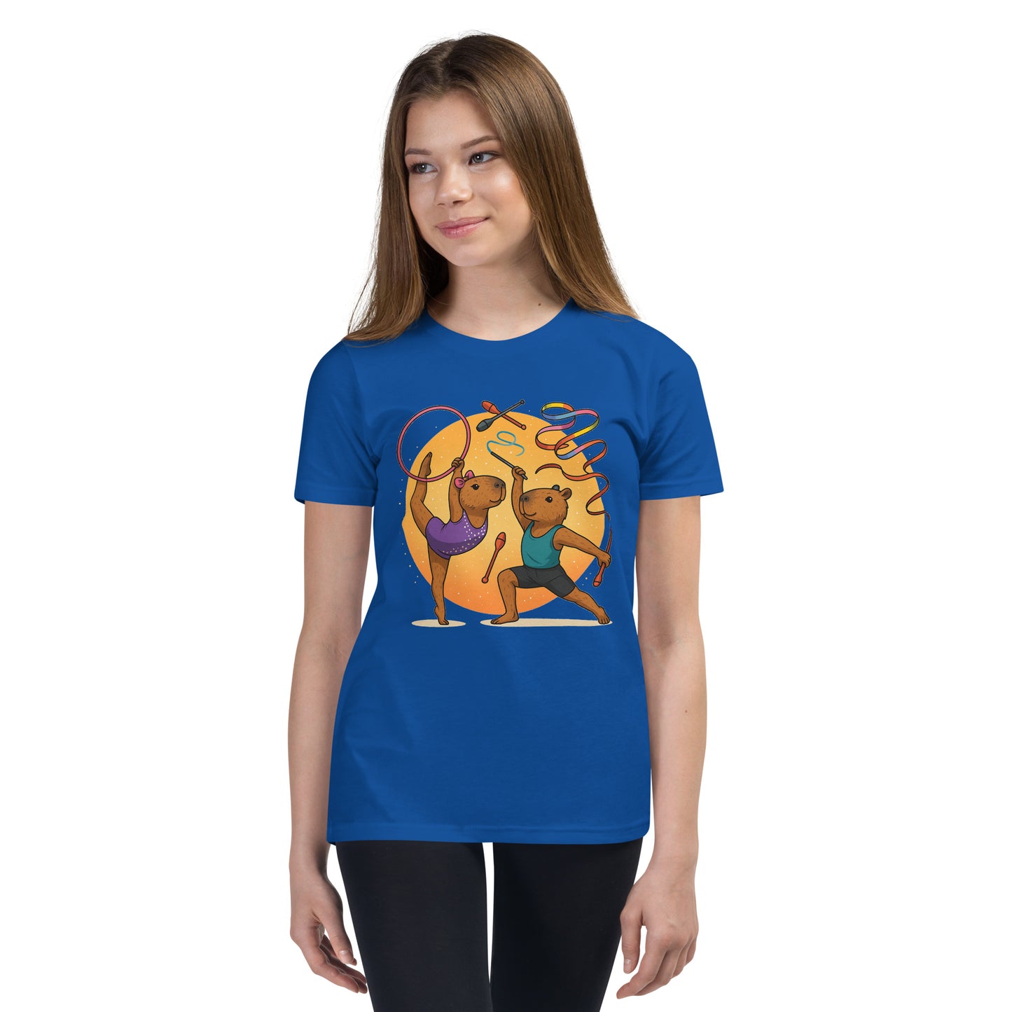Cartoon Male and Female Capybaras Performing Rhythmic Gymnastics with Ribbons Teen T-Shirt front view, soft cotton youth tee
