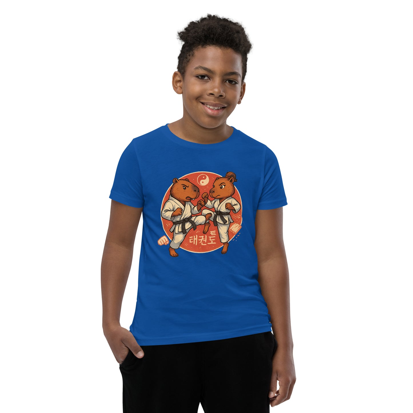 Cartoon Martial Arts Capybaras Fighting Teen T-Shirt front view, soft cotton youth tee