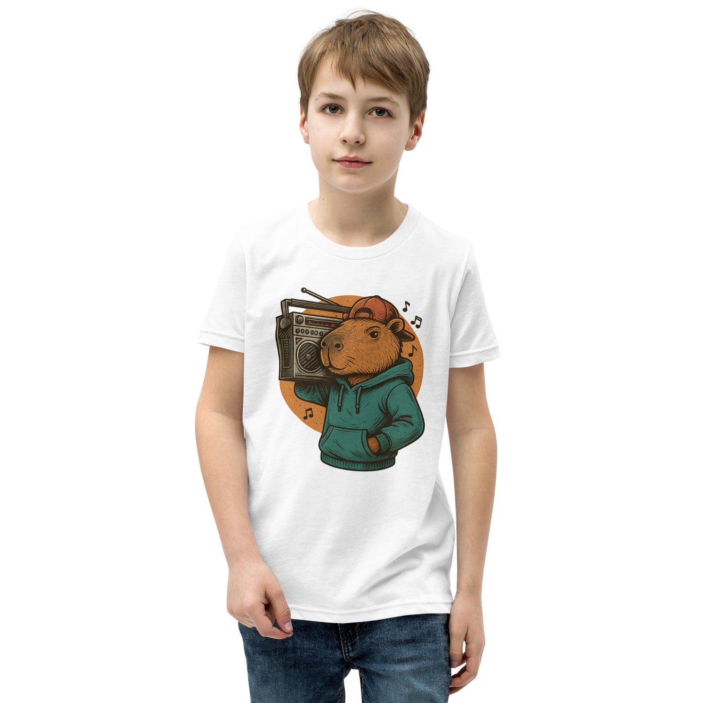 Cartoon Male Capybara with Boombox on Shoulder Teen T-Shirt front view, soft cotton youth tee