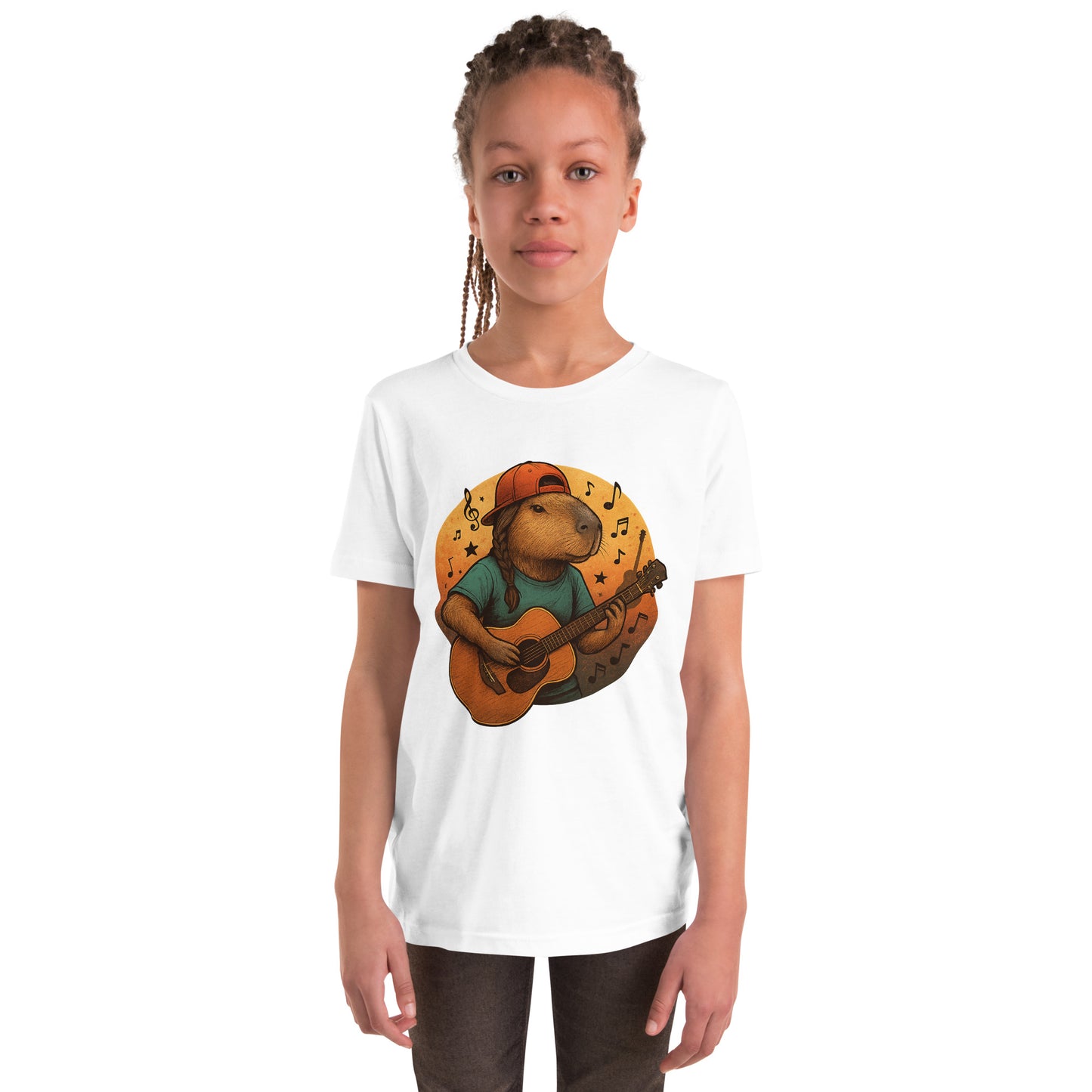 Cartoon Female Capybara playing Guitar with Ponytail Teen T-Shirt front view, soft cotton youth tee