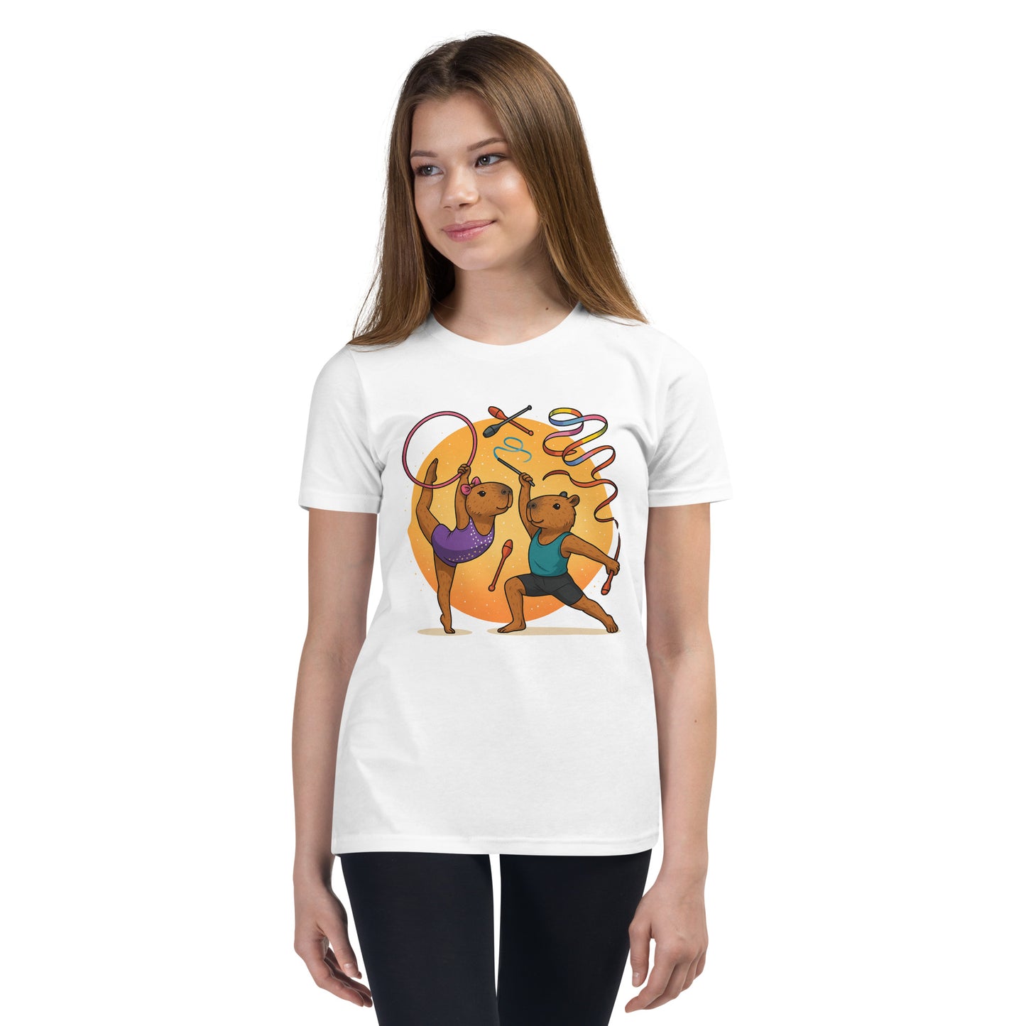 Cartoon Male and Female Capybaras Performing Rhythmic Gymnastics with Ribbons Teen T-Shirt front view, soft cotton youth tee