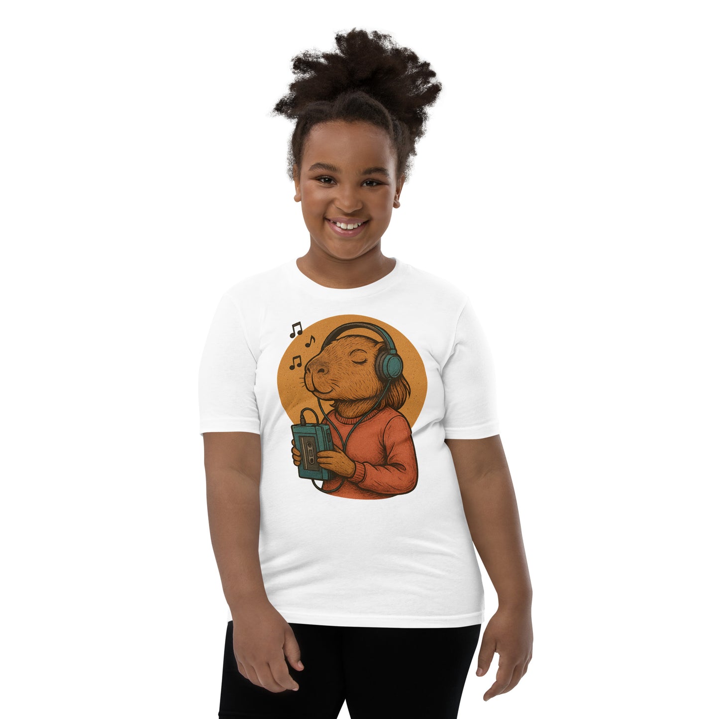 Cartoon Female Capybara Listening to Music with Walkman and Wired Headphones Teen T-Shirt front view, soft cotton youth tee