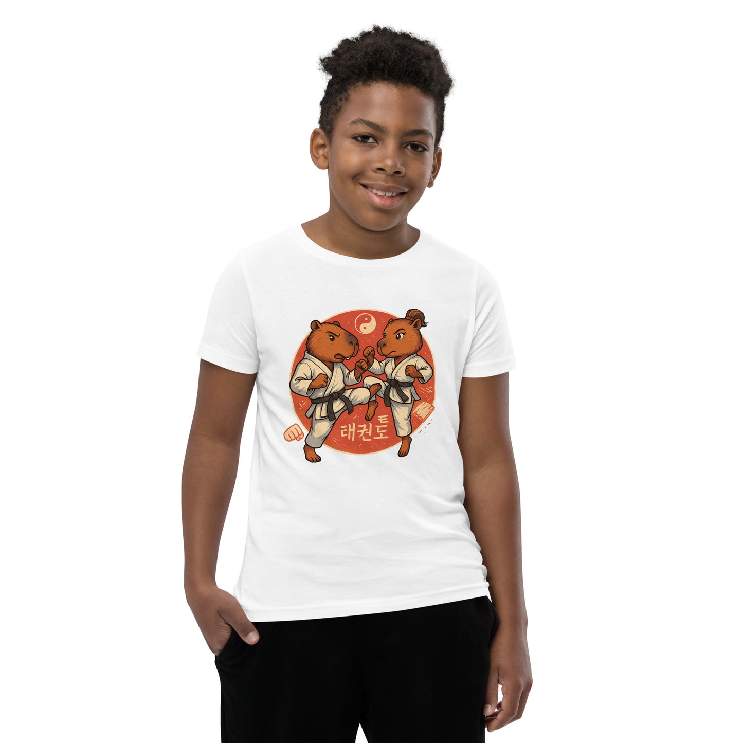 Cartoon Martial Arts Capybaras Fighting Teen T-Shirt front view, soft cotton youth tee