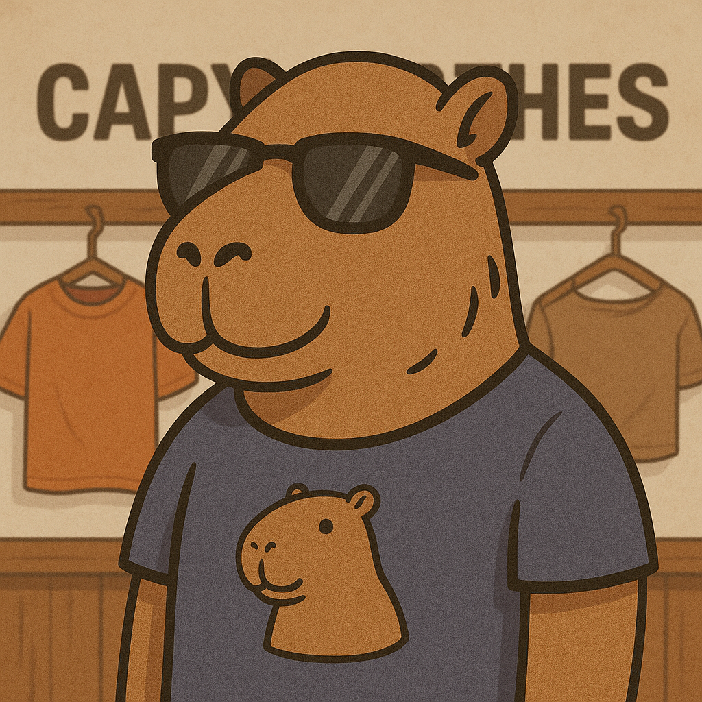 Assortment of comfortable men's t-shirts featuring unique male capybara cartoon designs.