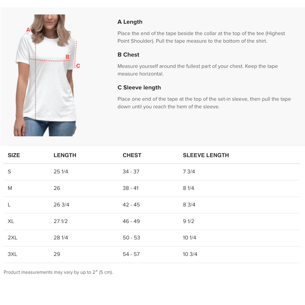 Measurement guide for t-shirt sizing with a person wearing a white t-shirt.