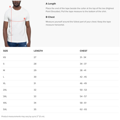 Measurement guide for a white t-shirt with size chart on a white background