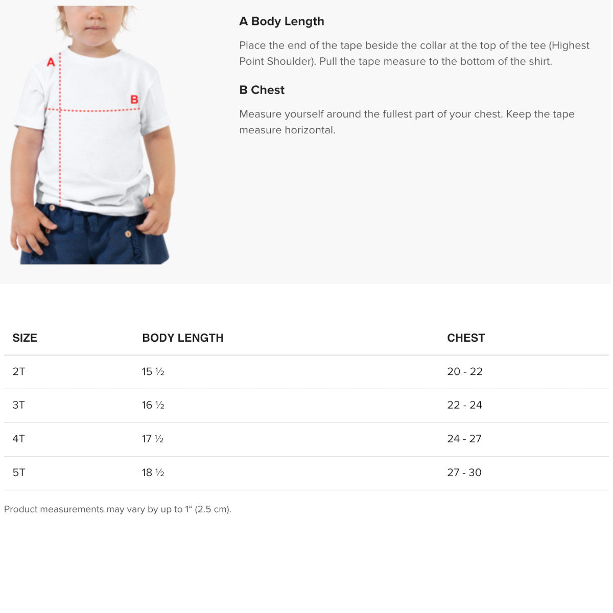 Measurement chart for children's shirts with a child wearing a white shirt and blue pants.