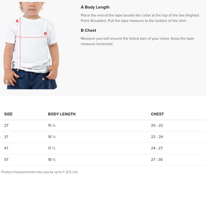 Measurement chart for children's shirts with a child wearing a white shirt and blue pants.