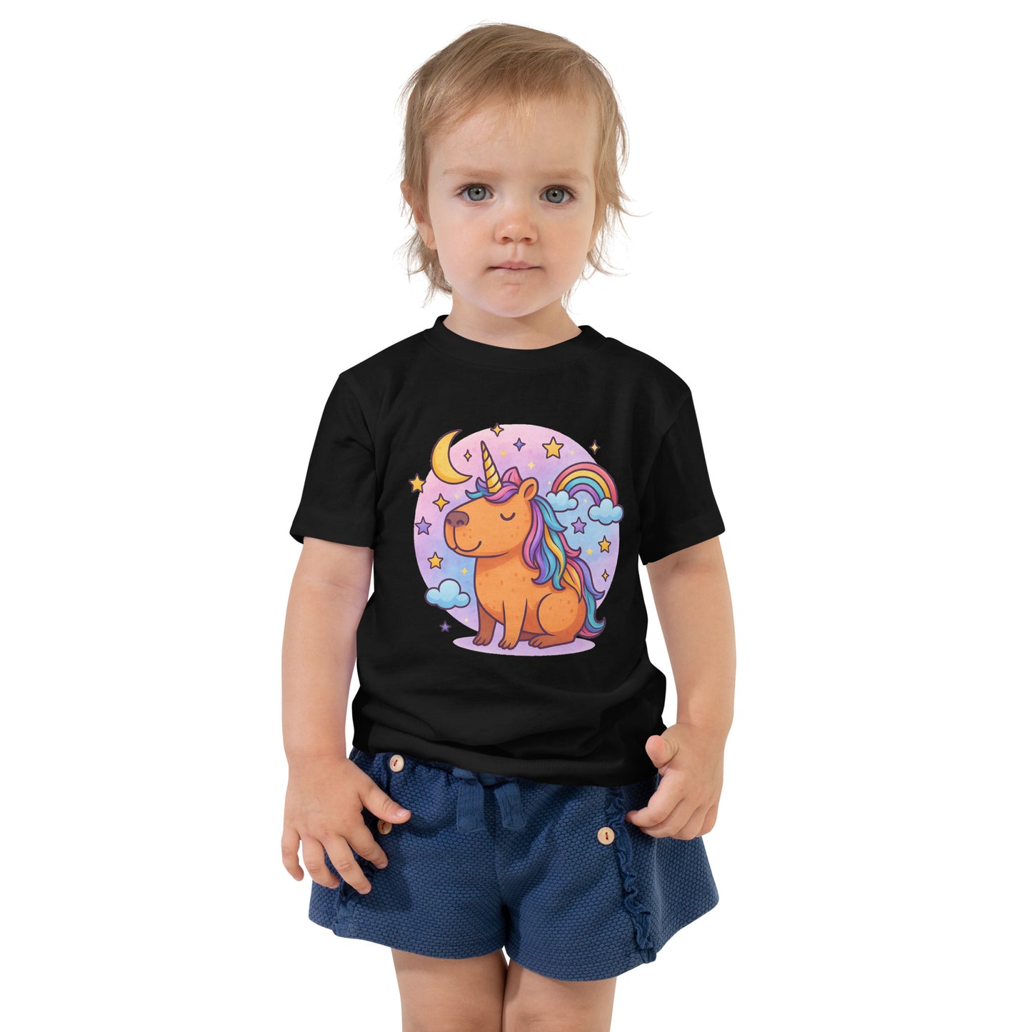 Magical Capybara Unicorn Toddler T-Shirt front view, soft cotton kids tee