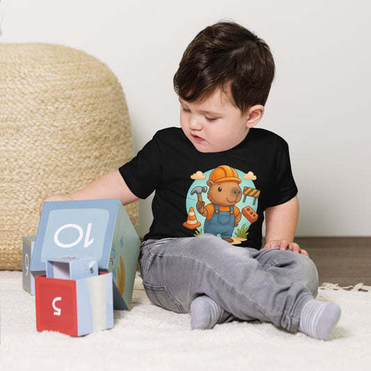 Close-up of cute Capybara Builder design with tools on a child's t-shirt