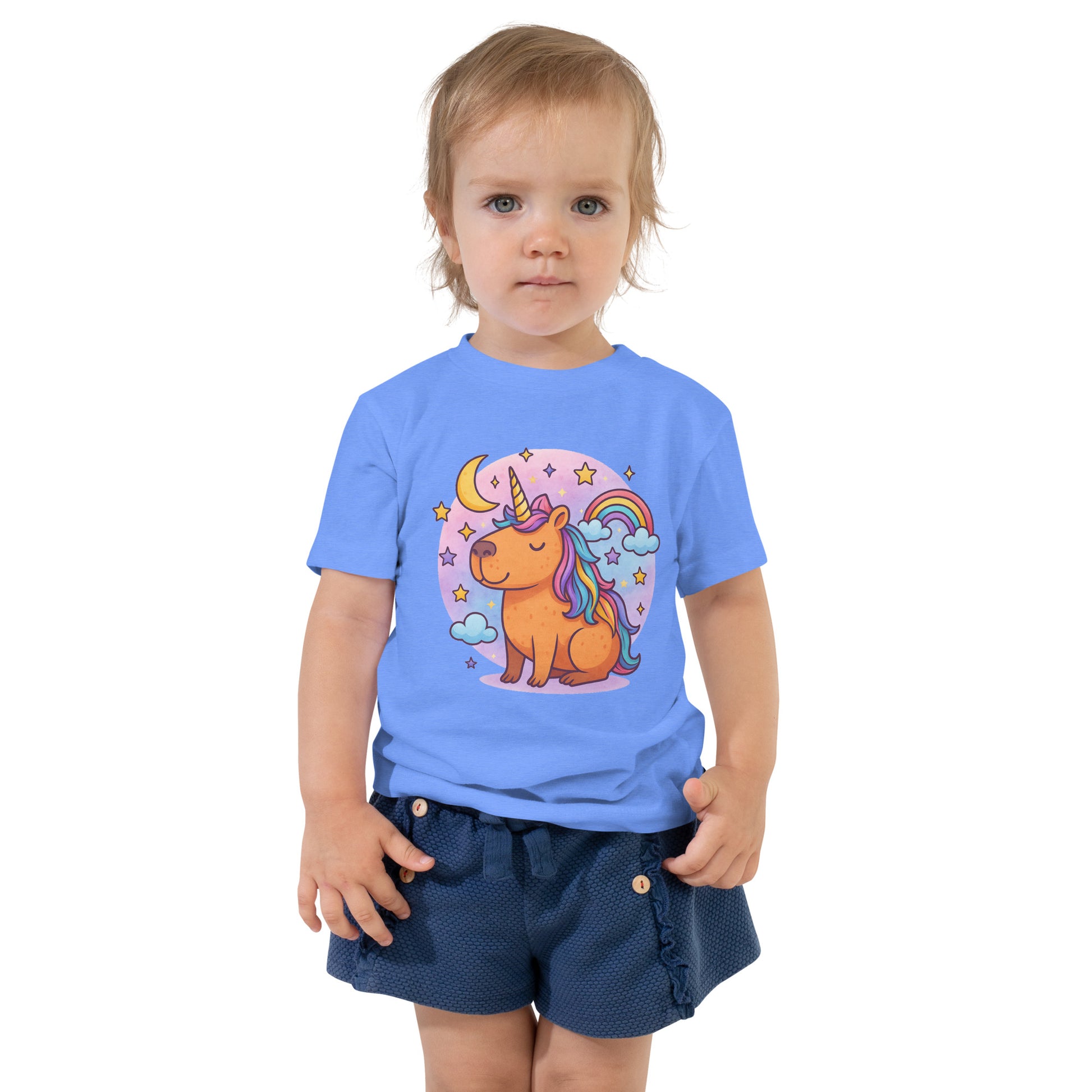 Magical Capybara Unicorn Toddler T-Shirt front view, soft cotton kids tee
