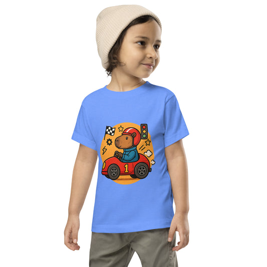 Cartoon Capybara on a Race Car with Number 1 Toddler T-Shirt front view, soft cotton kids tee