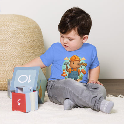 Close-up of cute Capybara Builder design with tools on a child's t-shirt