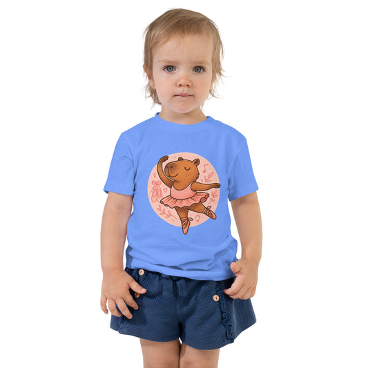 Cartoon Capybara Ballerina in Pink Dress Toddler T-Shirt front view, soft cotton kids tee