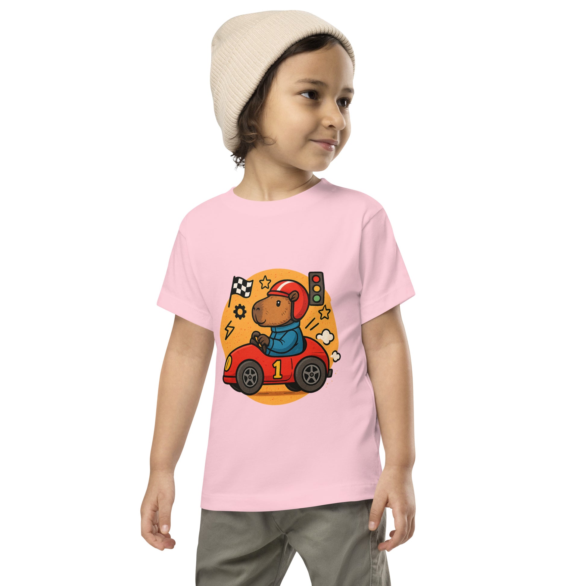 Cartoon Capybara on a Race Car with Number 1 Toddler T-Shirt front view, soft cotton kids tee