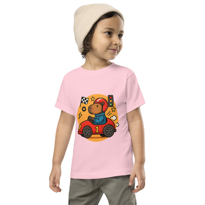 Cartoon Capybara on a Race Car with Number 1 Toddler T-Shirt front view, soft cotton kids tee