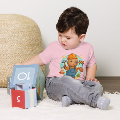 Close-up of cute Capybara Builder design with tools on a child's t-shirt