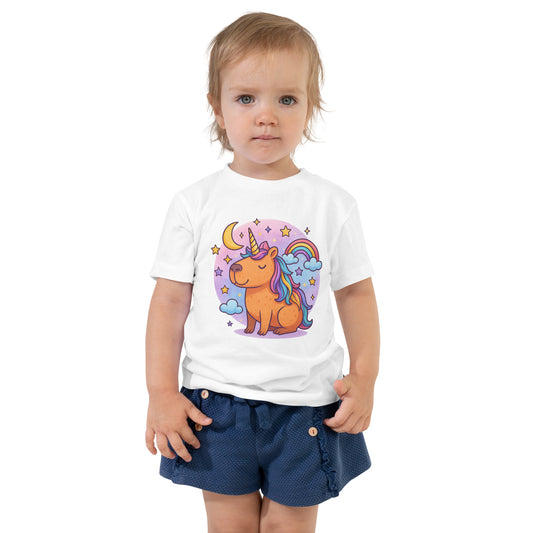 Magical Capybara Unicorn Toddler T-Shirt front view, soft cotton kids tee