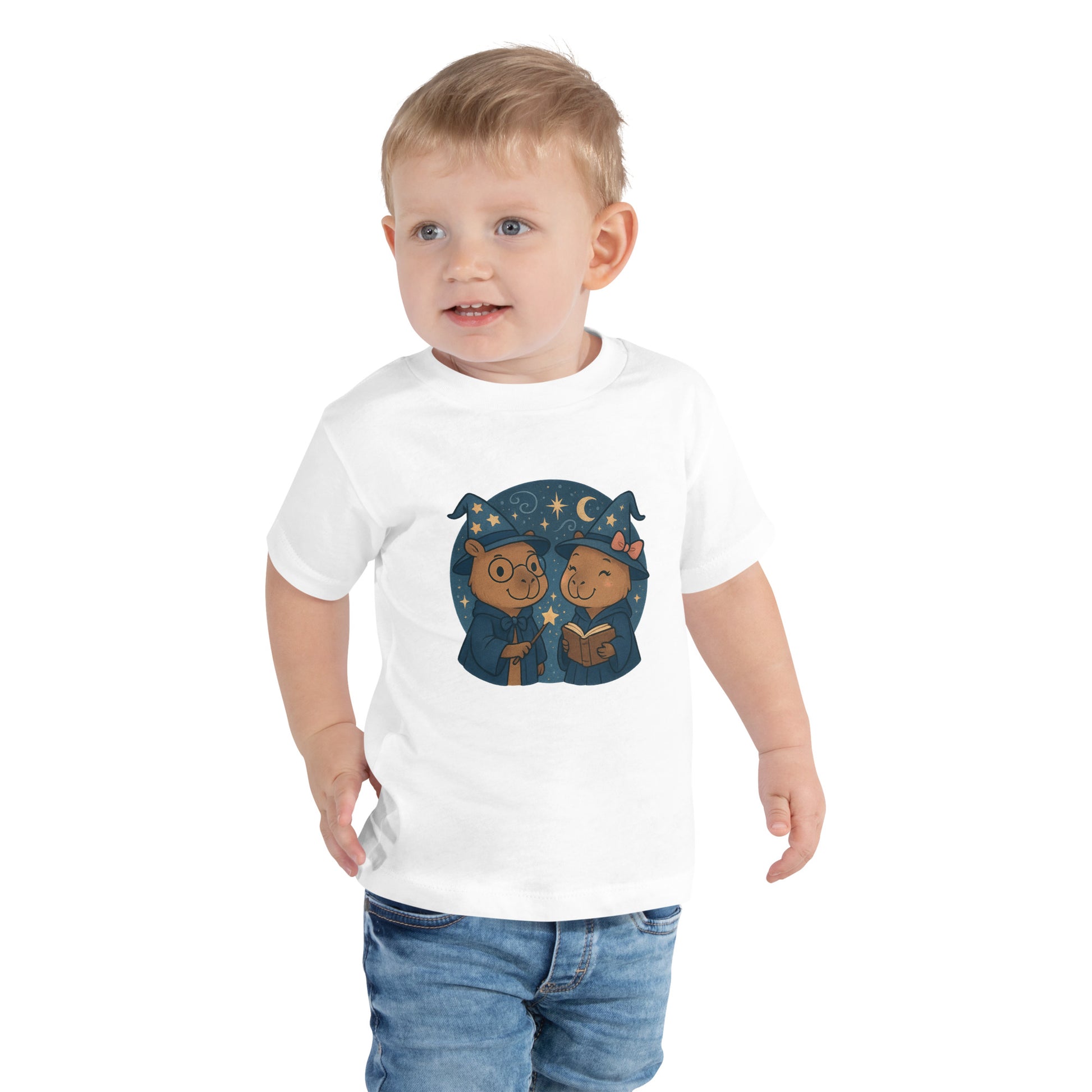 Wizard and Witch Capybara Toddler T-Shirt front view, soft cotton kids tee