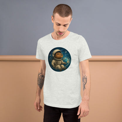 Cartoon Astronaut Capybara floating in Space with Earth, Moon, and Saturn Men's T-Shirt front view