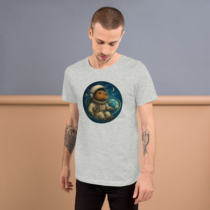 Cartoon Astronaut Capybara floating in Space with Earth, Moon, and Saturn Men's T-Shirt front view