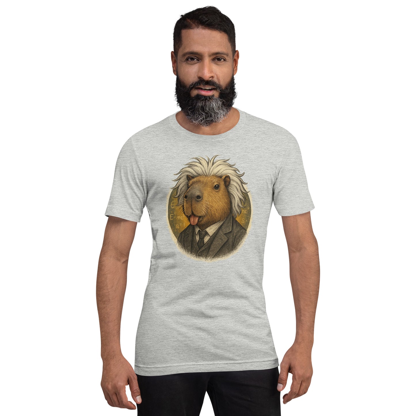Cartoon Capybara dressed as Albert Einstein with messy hair and tongue out Adult T-Shirt front view