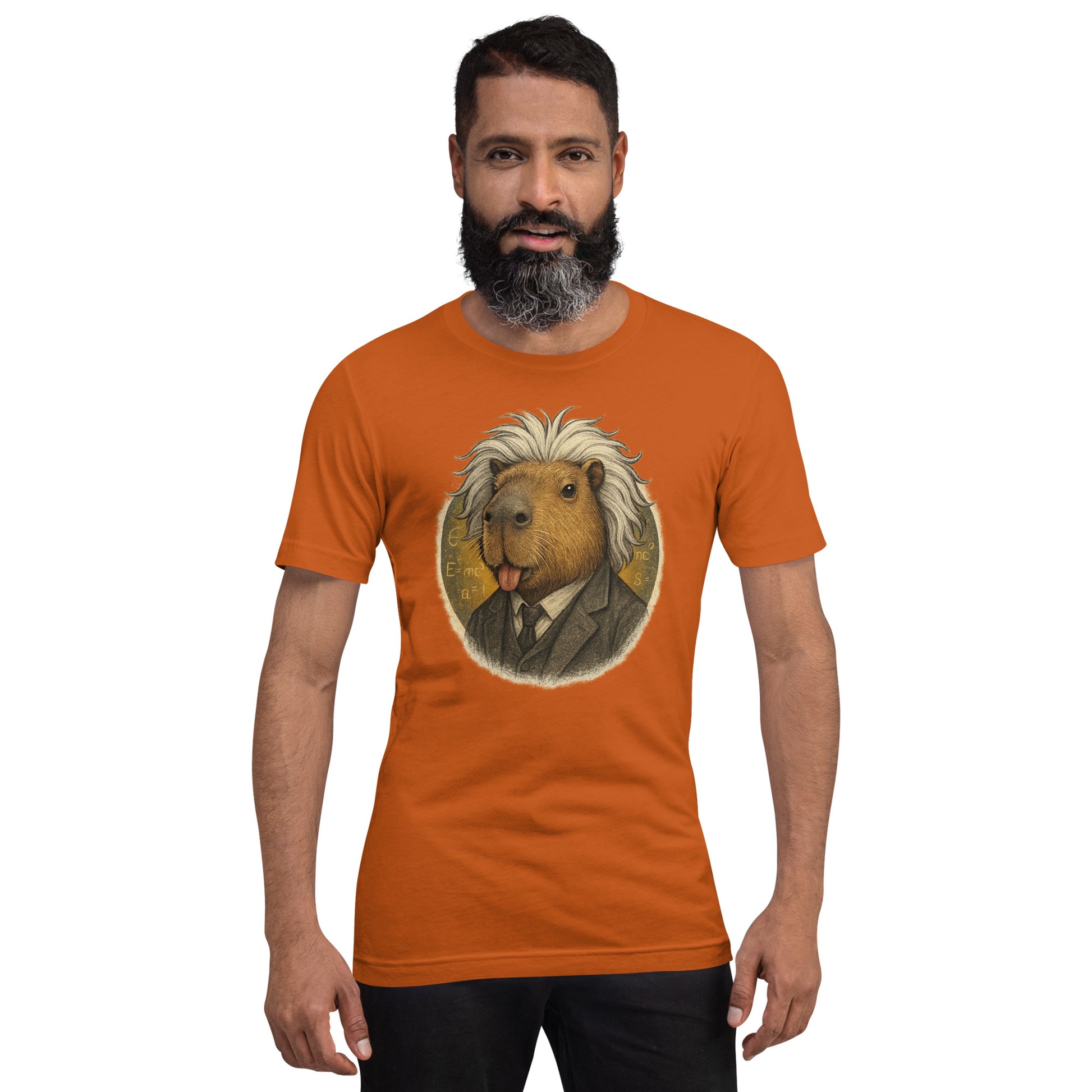 Cartoon Capybara dressed as Albert Einstein with messy hair and tongue out Adult T-Shirt front view