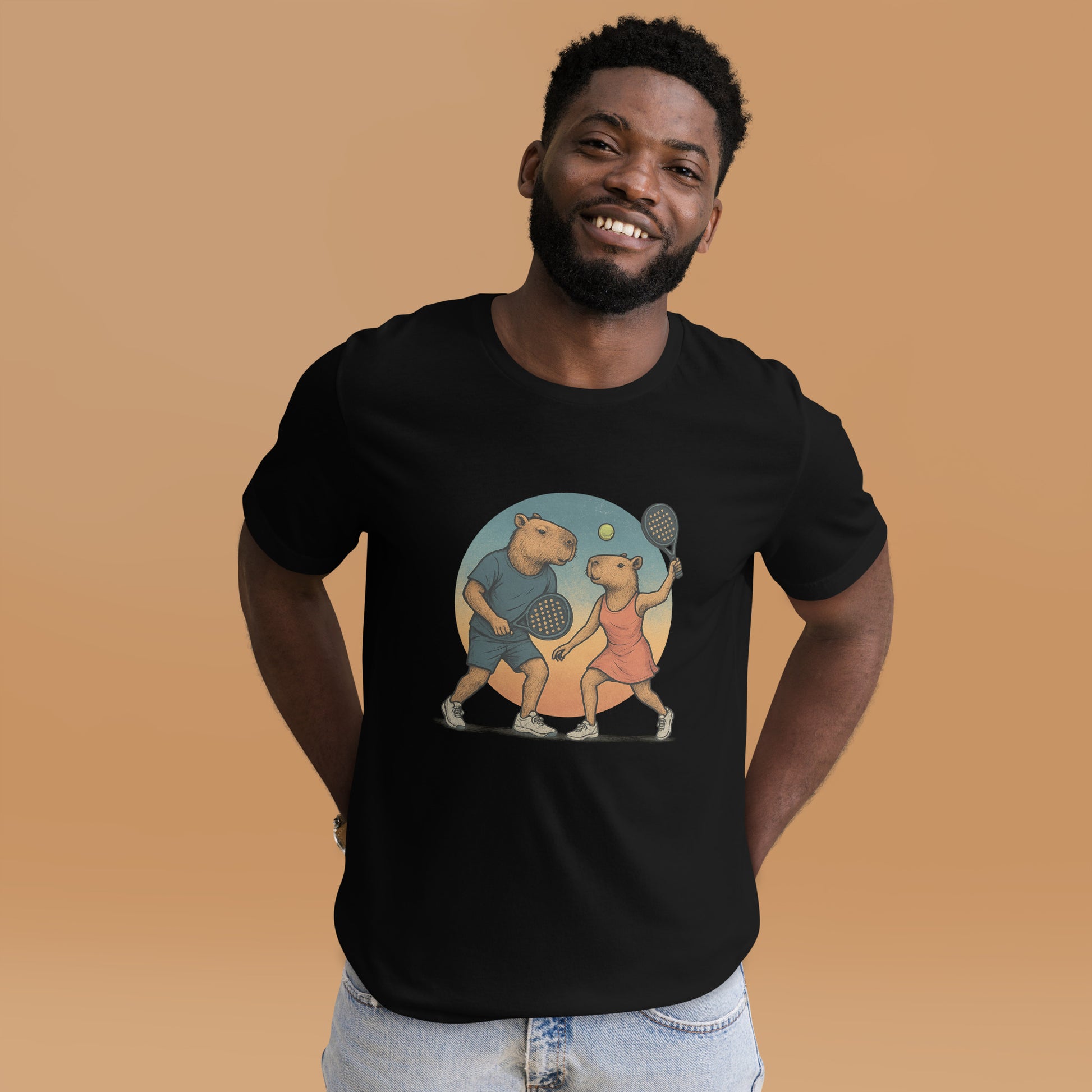 Cartoon Capybara Padel Players Men's Sport T-Shirt front view
