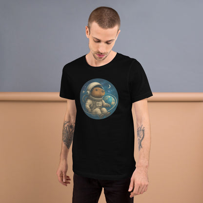 Cartoon Astronaut Capybara floating in Space with Earth, Moon, and Saturn Men's T-Shirt front view