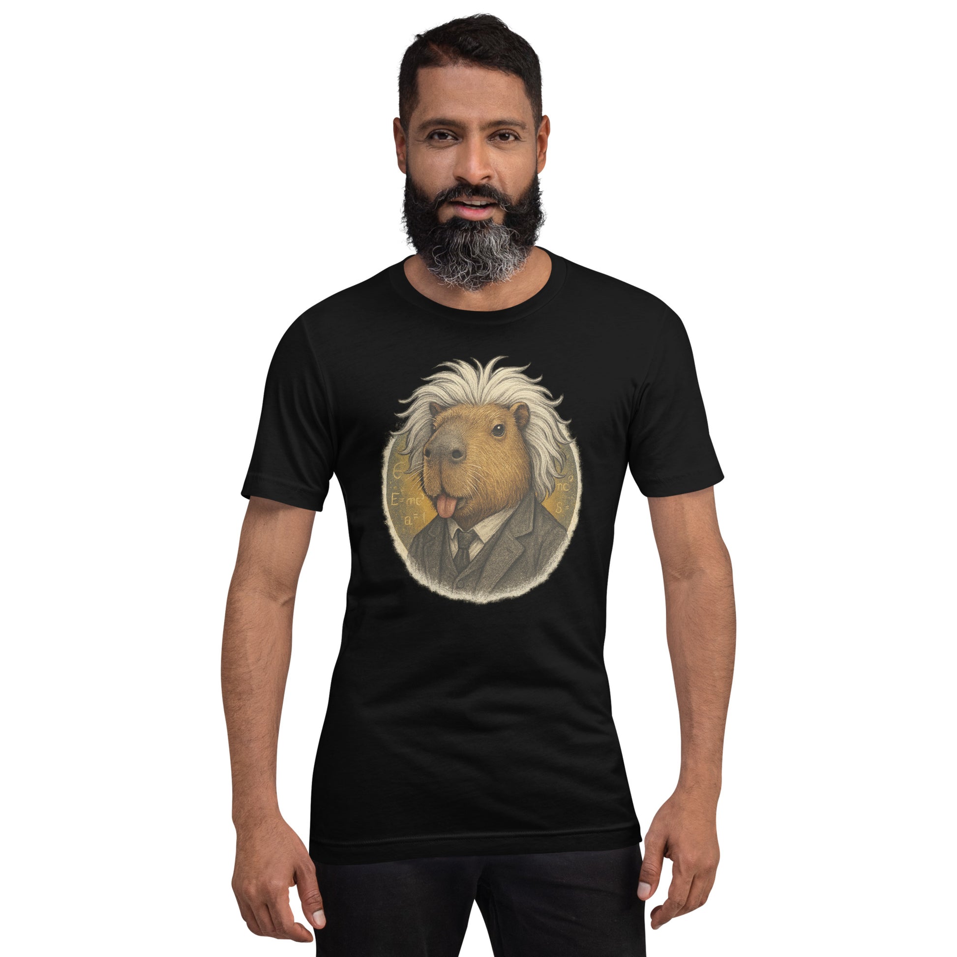 Cartoon Capybara dressed as Albert Einstein with messy hair and tongue out Adult T-Shirt front view