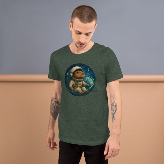Cartoon Astronaut Capybara floating in Space with Earth, Moon, and Saturn Men's T-Shirt front view
