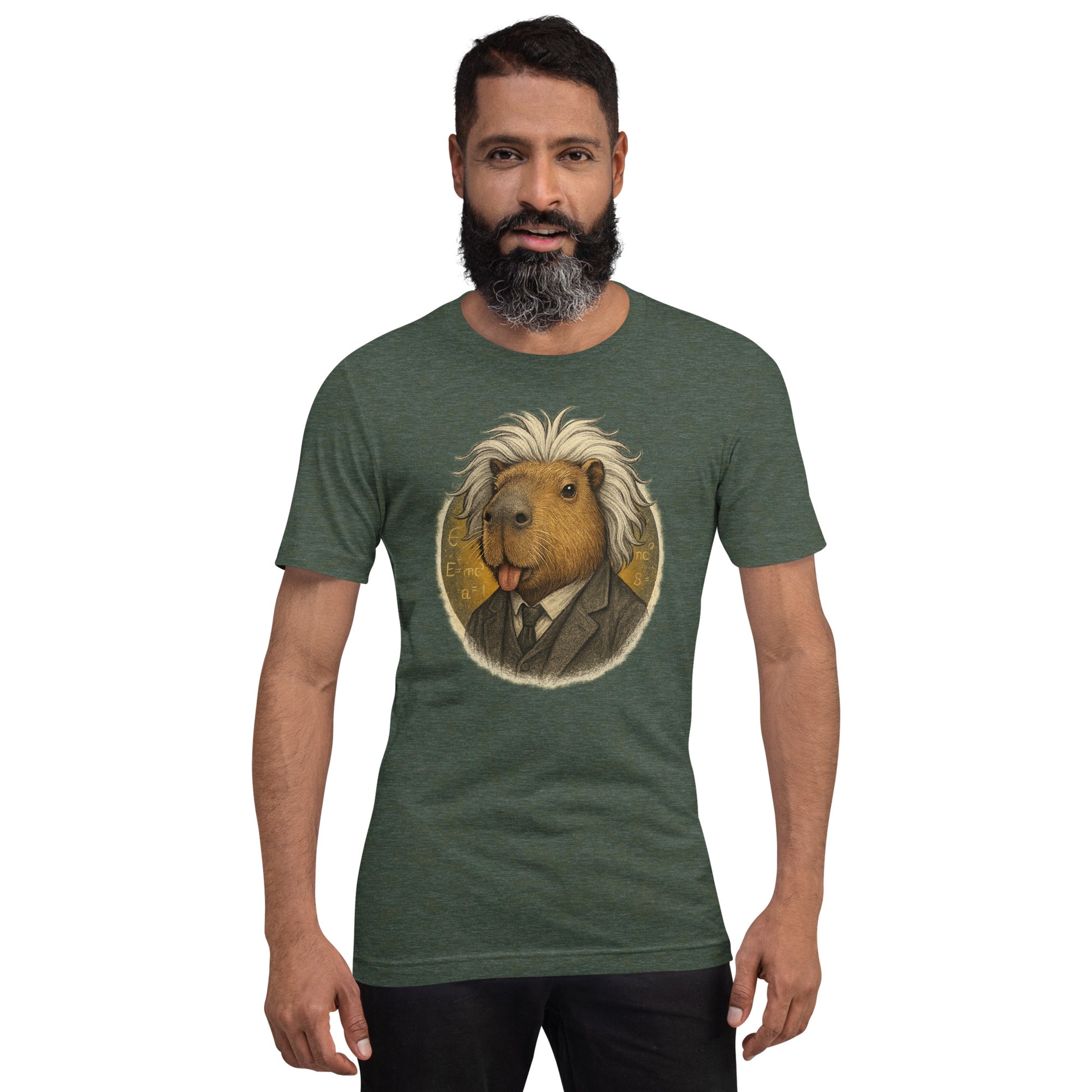 Cartoon Capybara dressed as Albert Einstein with messy hair and tongue out Adult T-Shirt front view