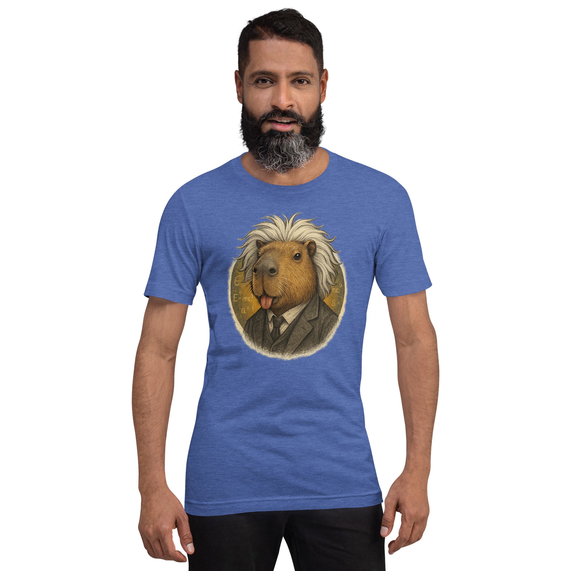 Cartoon Capybara dressed as Albert Einstein with messy hair and tongue out Adult T-Shirt front view