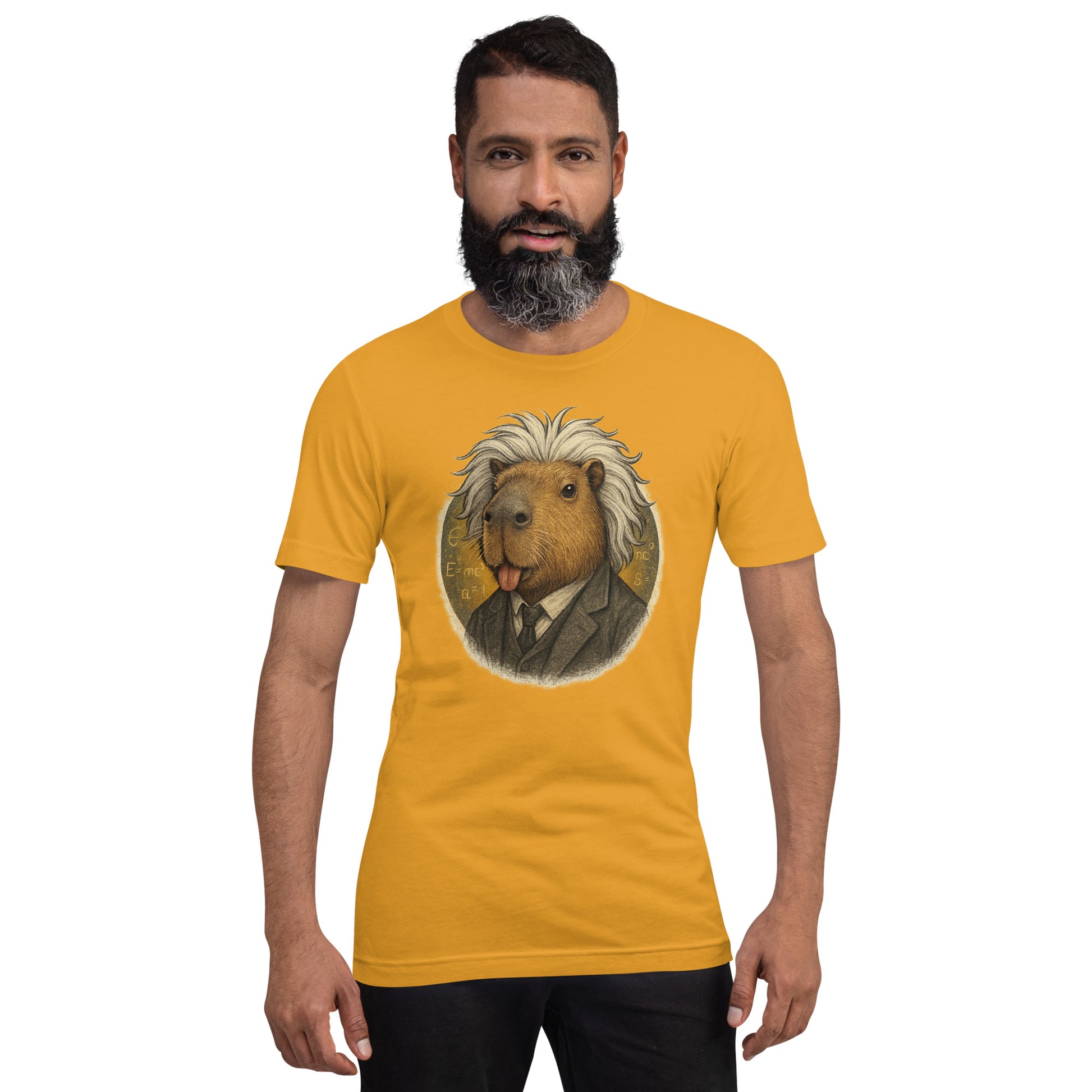 Cartoon Capybara dressed as Albert Einstein with messy hair and tongue out Adult T-Shirt front view