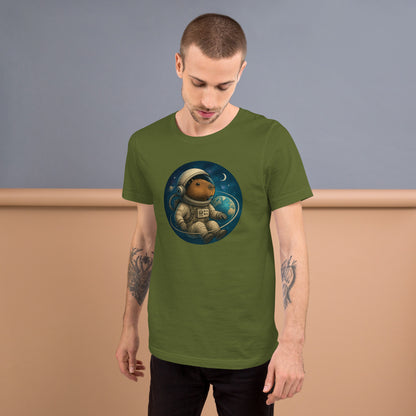 Cartoon Astronaut Capybara floating in Space with Earth, Moon, and Saturn Men's T-Shirt front view