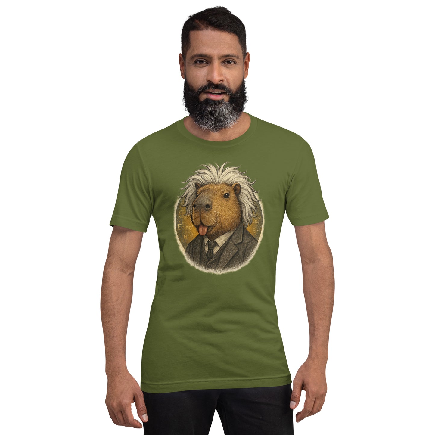 Cartoon Capybara dressed as Albert Einstein with messy hair and tongue out Adult T-Shirt front view