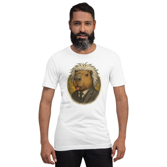 Cartoon Capybara dressed as Albert Einstein with messy hair and tongue out Adult T-Shirt front view