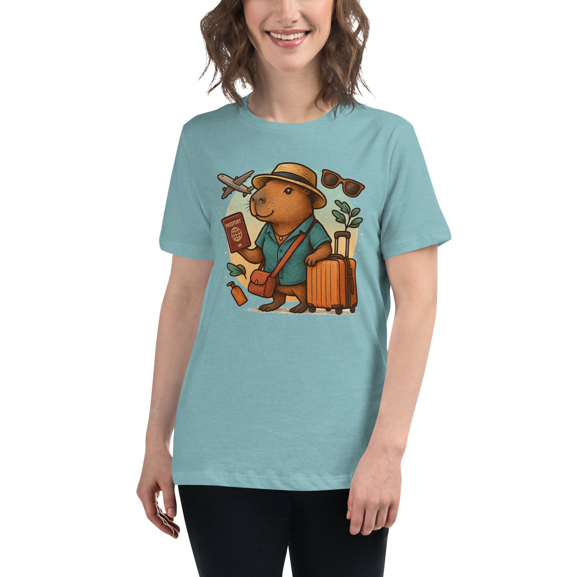 Cartoon Woman Capybara holding passport leaning on suitcase with straw hat and satchel bag, plane and sunglasses in background Women's T-Shirt front view