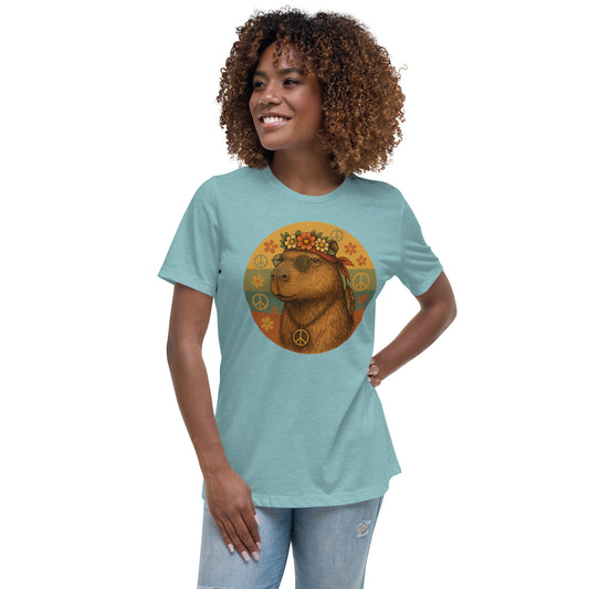 Cartoon Woman Hippie Capybara with John Lennon glasses, peace symbol, and flower headband Women's T-Shirt front view