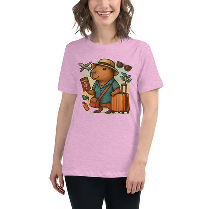 Cartoon Woman Capybara holding passport leaning on suitcase with straw hat and satchel bag, plane and sunglasses in background Women's T-Shirt front view