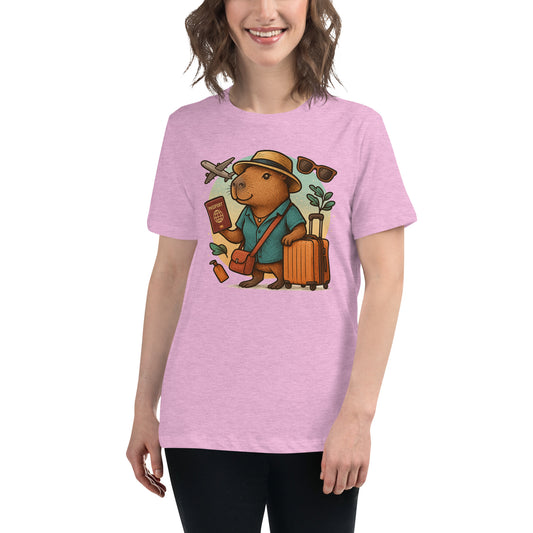 Cartoon Woman Capybara holding passport leaning on suitcase with straw hat and satchel bag, plane and sunglasses in background Women's T-Shirt front view