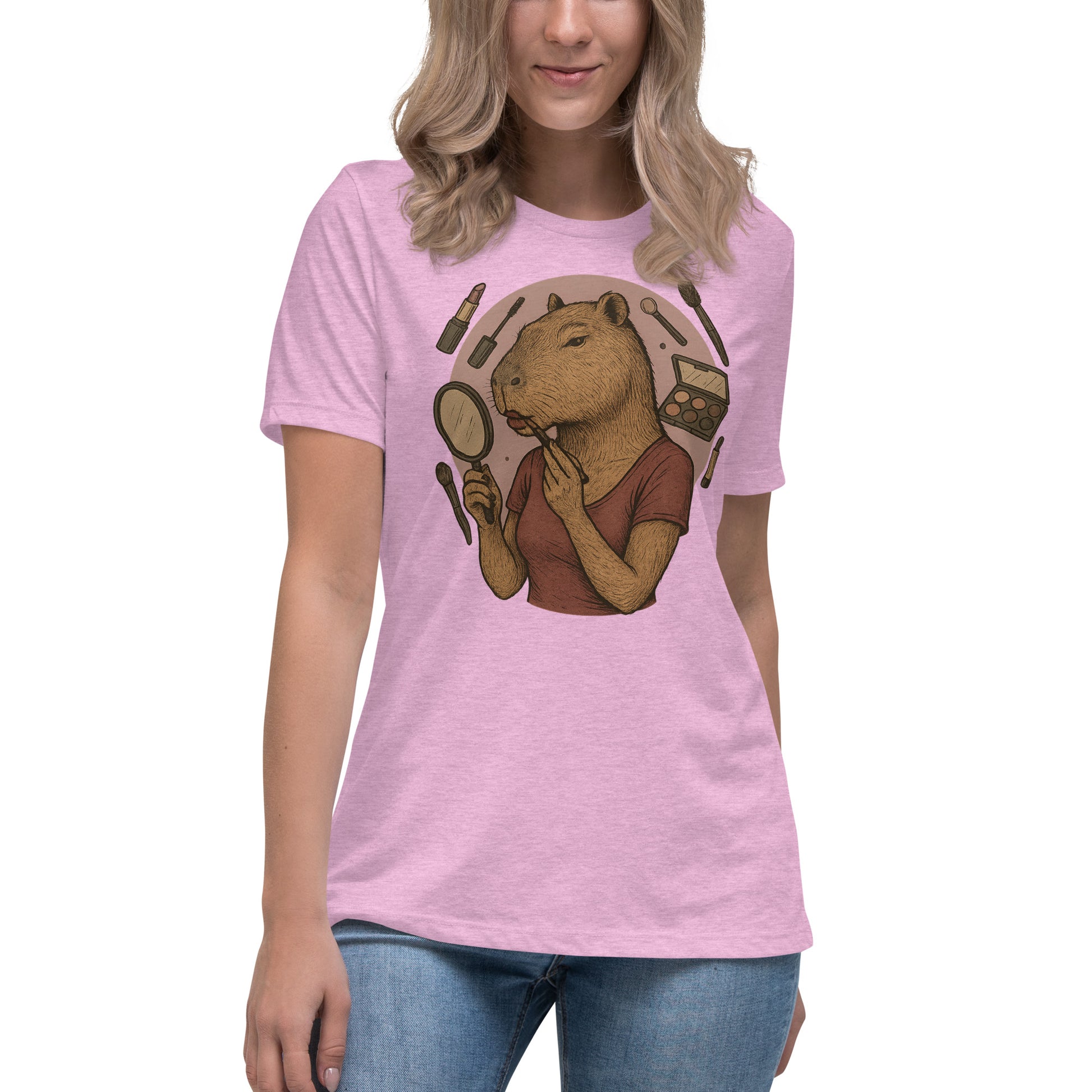 Cartoon Woman Capybara applying lipstick looking in hand mirror with makeup background Women's T-Shirt front view