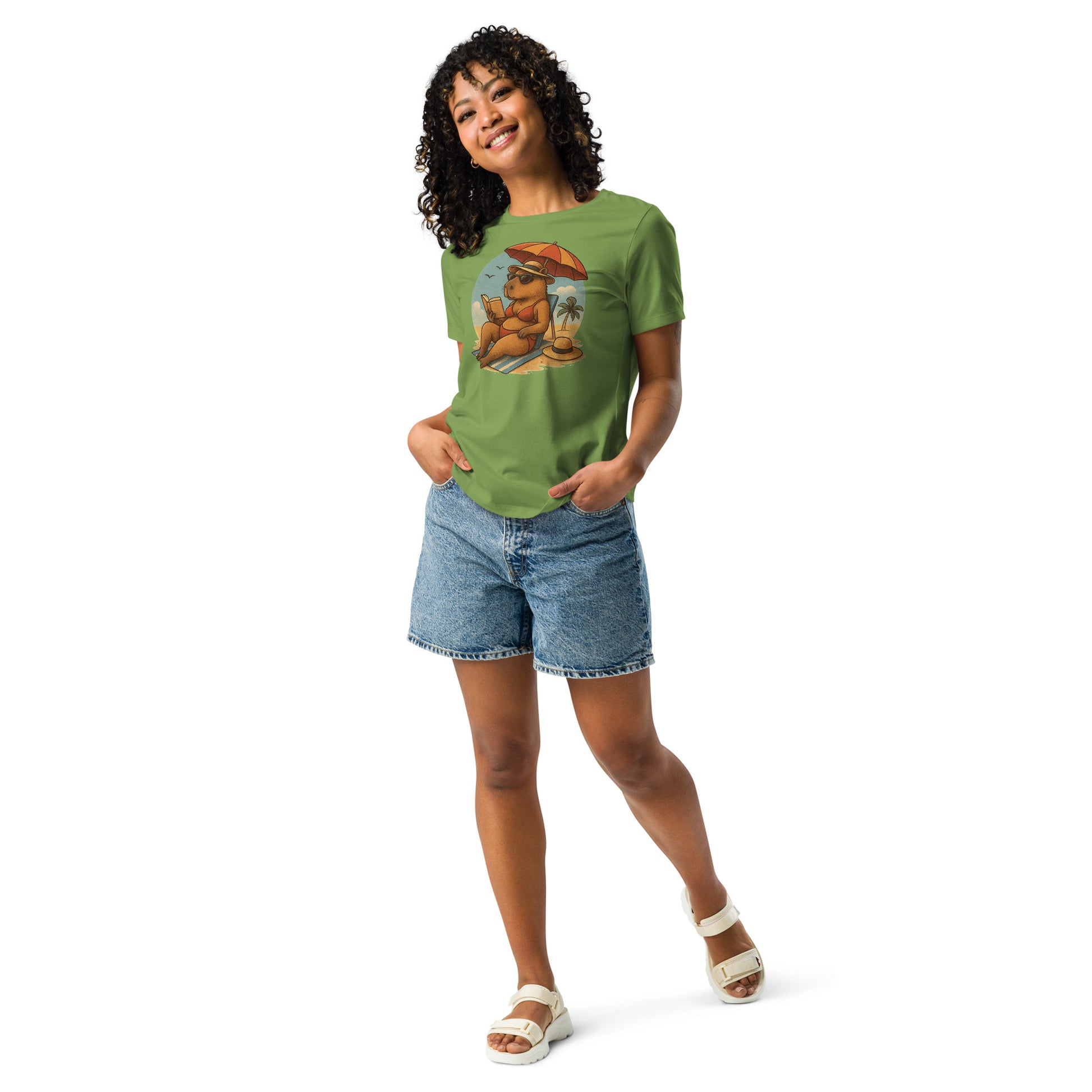 Cartoon Woman Capybara laying on beach in bikini reading book under umbrella Women's T-Shirt front view