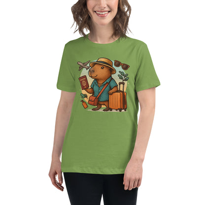 Cartoon Woman Capybara holding passport leaning on suitcase with straw hat and satchel bag, plane and sunglasses in background Women's T-Shirt front view
