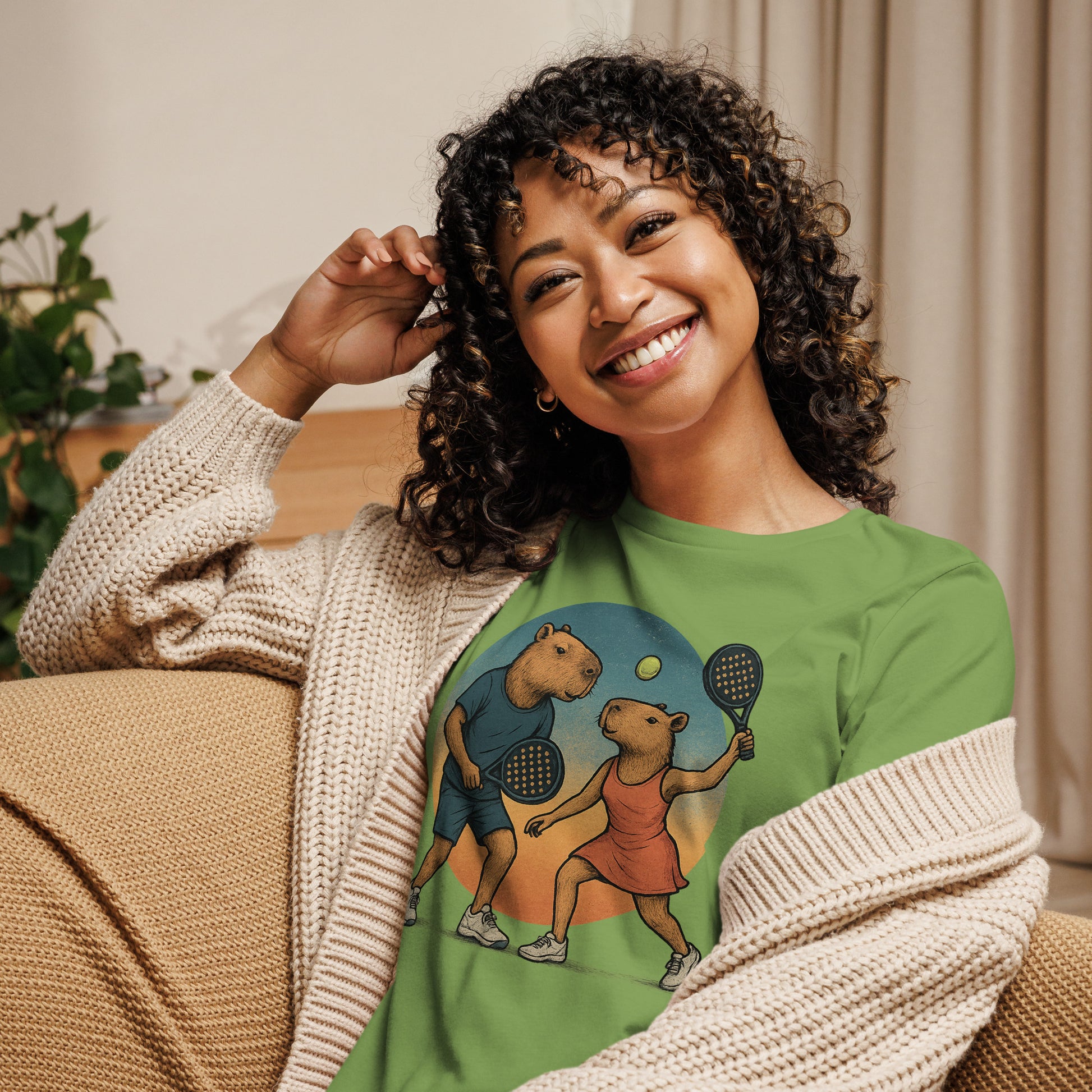 Cartoon Capybara Padel Players Women's Sport T-Shirt front view