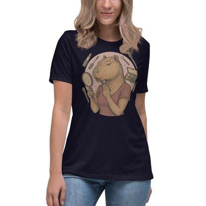Cartoon Woman Capybara applying lipstick looking in hand mirror with makeup background Women's T-Shirt front view