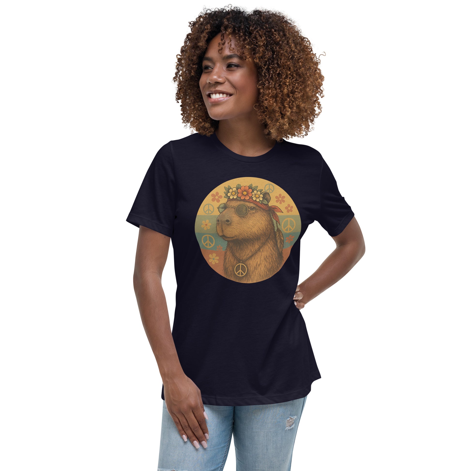 Cartoon Woman Hippie Capybara with John Lennon glasses, peace symbol, and flower headband Women's T-Shirt front view